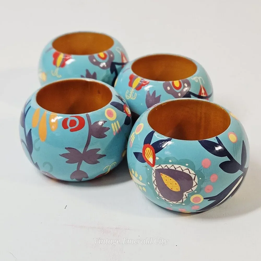 Vtg Set of 4 Wooden Hand Painted Bohemian blue/teal Floral Napkin Rings Spring